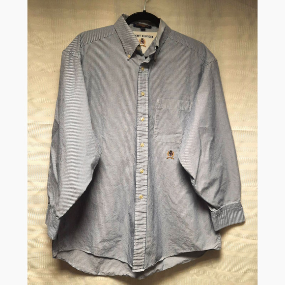 VTG TOMMY HILFIGER MEN'S 16-32 COTTON BUTTON DOWN BLUE STRIPE LONG SLEEVE SHIRT - Picture 1 of 8
